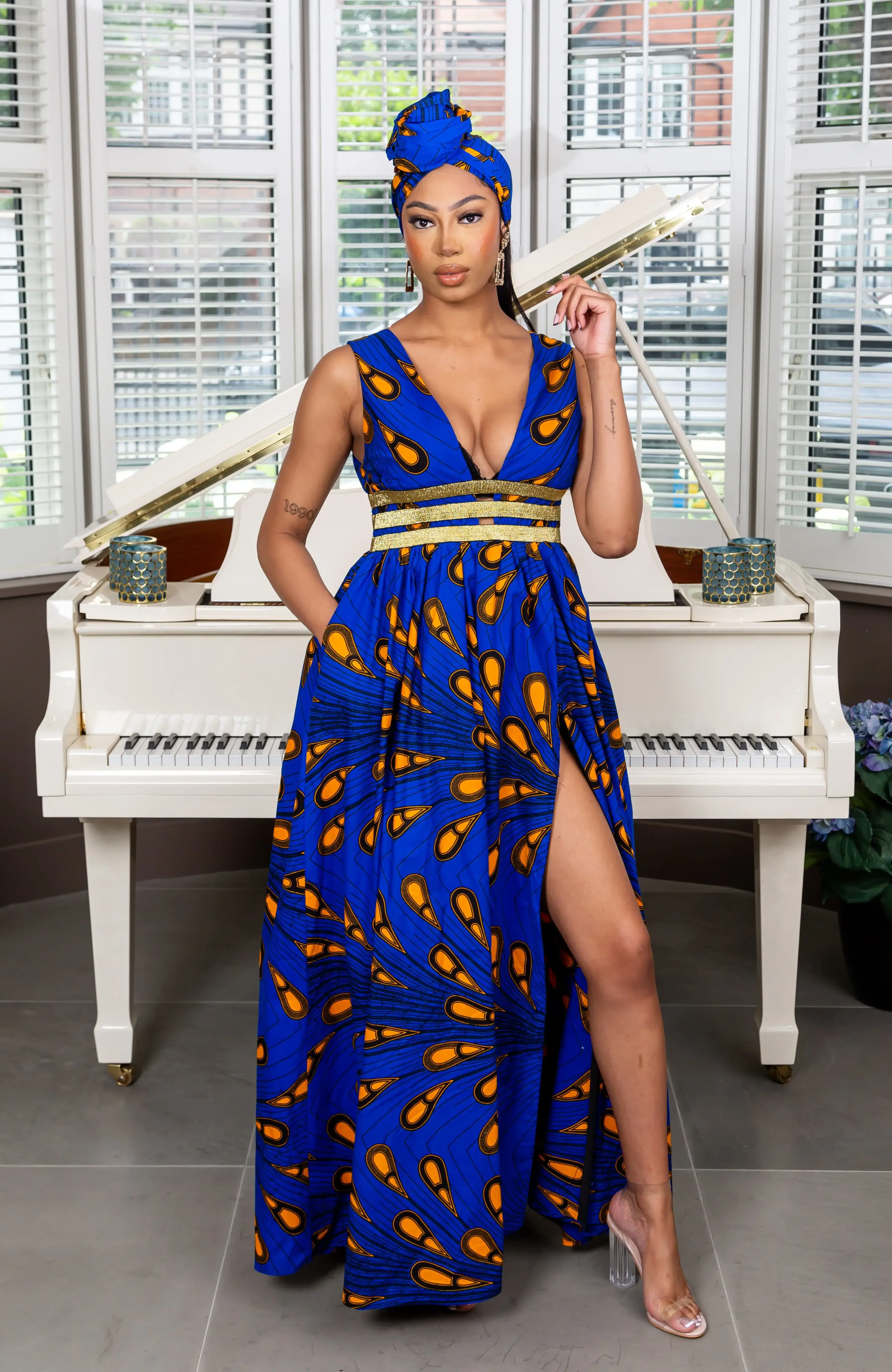 Blue Plunge Neckline Maxi Dress