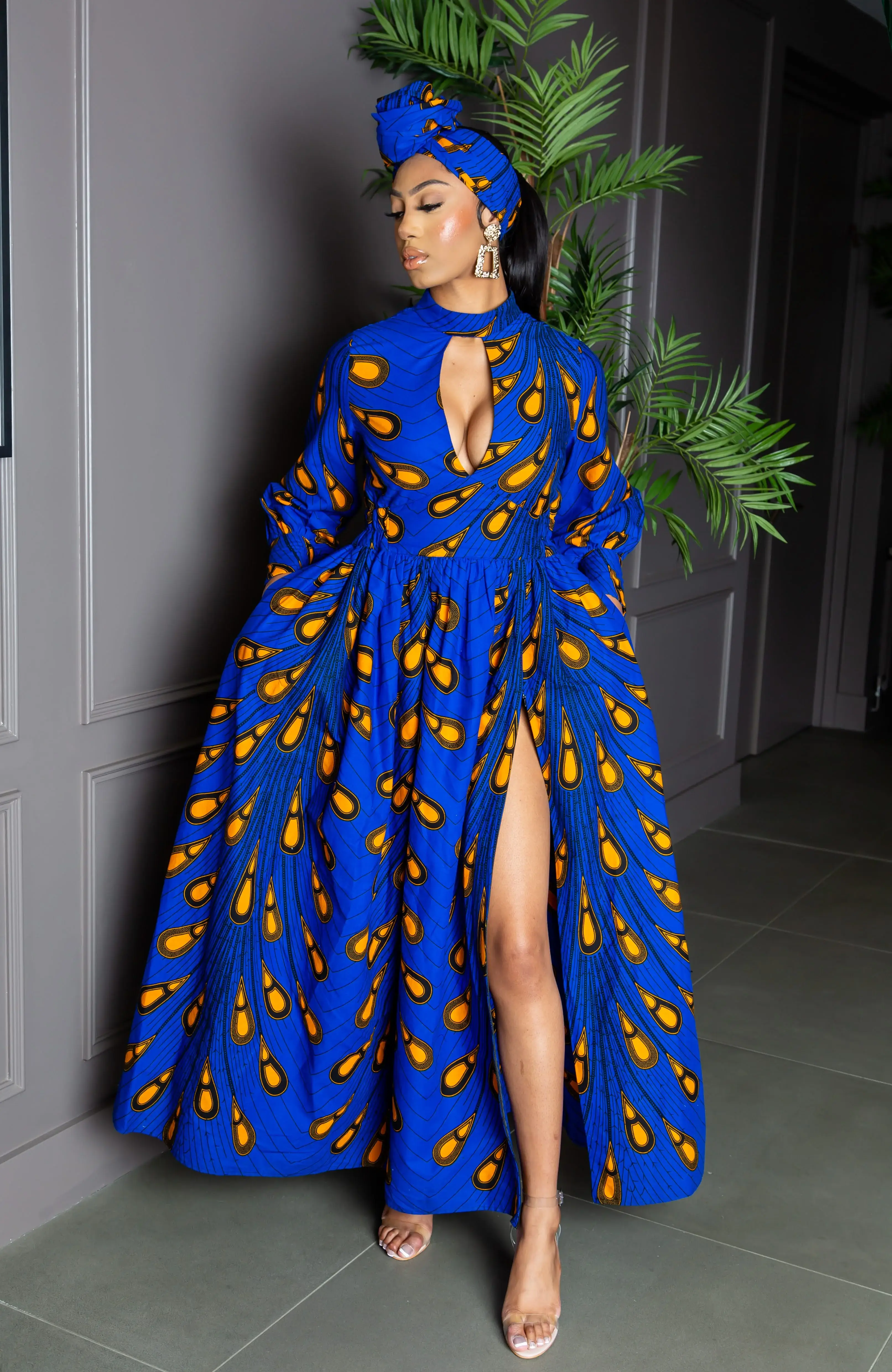 Blue Long Sleeve African Maxi Dress